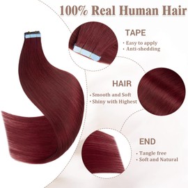 Lveyan Tape in Hair Extensions Human Hair 14 Inch 20pcs 40g/pack Burgundy Tape in Straight Seamless Skin Weft Remy Tape in Hair Extensions（#99J, 14Inch）