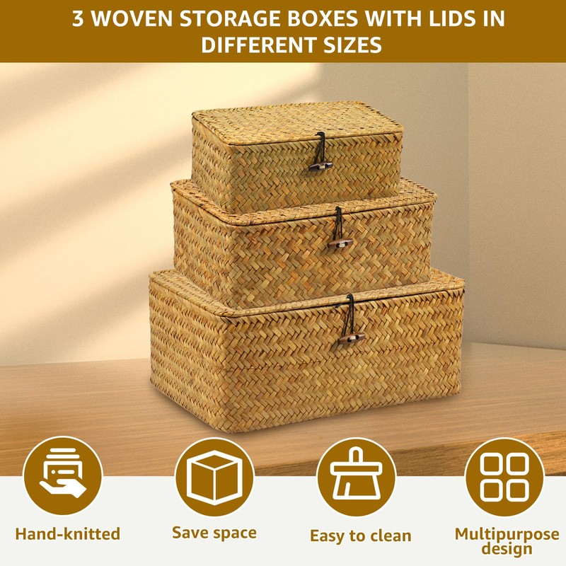 3 Pack Wicker Storage Basket with Lid Rectangle Hand Woven
