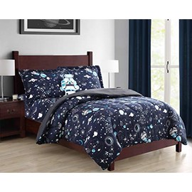 Sapphire Home 8 Piece Space Navy Queen Bedding Set for Boys, Bed in a Bag, Kids Comforter Set with Bed Sheets, Pillow Case, Toy Pillow, Planets, Solar System Bedroom Kit for Toddlers, Queen Size