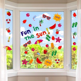 Outus 10 Sheets 200 Pieces Summer Window Clings Summer Theme Pool Beach Chairs Sun Windows Decals Stickers for Glass Windows Vibrant Tropical Designs for Home Office Classroom Decor Party Supplies
