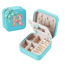 Jewelry Box Travel Jewelry Case and Organizer with Mirror Stocking Stuffers for Women A Initial Jewelry Case,Mini Jewelry Travel Organizer Travel Essentials Christmas Gift for Women Girls (Blue, R)