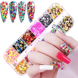 Round Glitter Nail Art Sequins, 3D Circle Shapes Glitter Flakes Designs, Holographic Laser Shiny Round Acrylic Nails Supplies for Women Girls Manicure Sparkly Decorations, DIY Glitter Nails Crafts