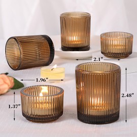 NITIME 10pcs Ribbed Amber Votive Candle Holders, Assorted Glass Tea Light Candle Holders for Fall Decor, Amber Candle Holders for Wedding Centerpieces, Thankgiving and Christmas Decorations