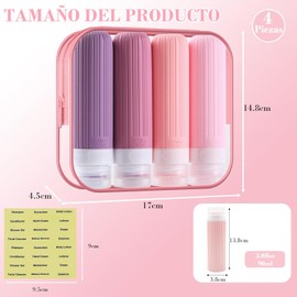 4 Pcs Botellas de Viaje,90 ml Botellas de Portátiles de Aprobadas por la TSA,Prueba de Fugas,Exprimibles,Sin BPA,Vontenedores de Viaje de Silicona con Bolsa de Aseo Transparente,Rosa