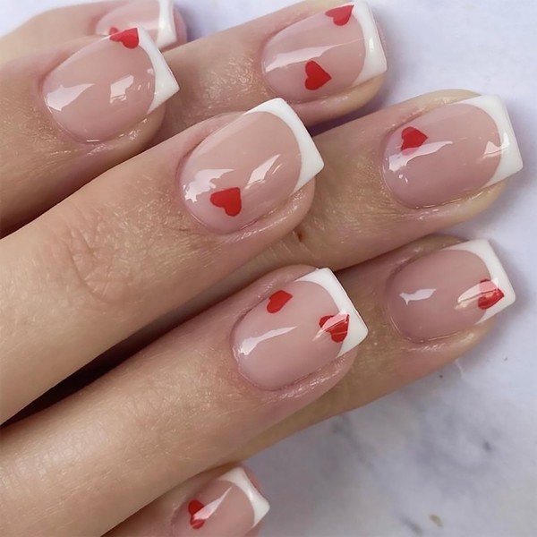 Valentines Press on Nails Short Square Fake Nails With Red