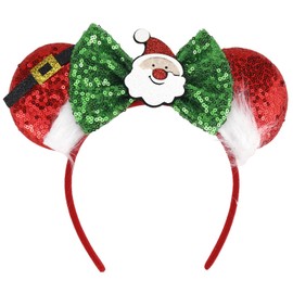 TEBWPIY Christmas Headbands - Santa Claus Design, Shiny Green Bows, Mouse Ears Headbands for Girls Women, Hair Decoration, Hair Accessories, One Size Fits Most, Red and Green