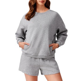 PINSPARK 2 Piece Short Sets for Women Long Sleeve Sweatshirt Matching Sets Crew Neck Sweat Suits 2024 Fall Travel, Light Grey Medium