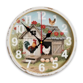 MEUUD Wood Wall Clock 10 Inch Farmhouse Chicken Rooster Print