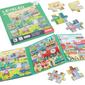 NiCola Magnetic Puzzles for Toddlers 3-6, Dinosaur Jigsaw Puzzles 25-30-42 Pieces, Learning Magnet Puzzle for Road Trip Kids Birthday Gifts (Traffic)