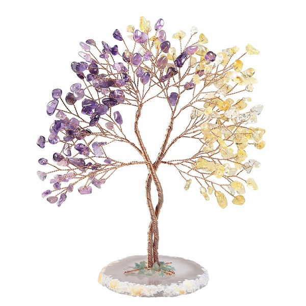 SUNYIK Healing Crystal Tree Sculpture Set on Natural Agate Slices Base, Tree of Life Fengshui Handmade Gift Home Decor for Love and Good Luck, Amethyst & Citrine