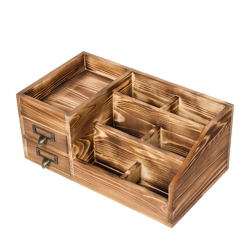 Liry Products Rustic Wooden Desktop Organizer Office Supplies Brown Tabletop
