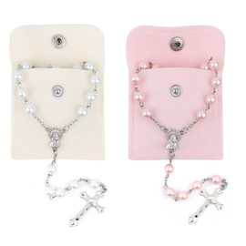 QMLING Pack of 2 Rosary Necklaces, Rosary Catholic with Cross and Mary Picture, Rosary with 2 Button Bags, Christian Prayer Chain for Prayer Gifts (White and Pink), Glass Zinc, No Gemstone