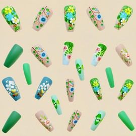 Flower Press on Nails Medium Length Coffin Shaped Fake Nails Green Glue on Nails Spring Stick on Nails Gradient Acrylic Nails Full Cover Artificial False Nails Reusable Nails Kit for Women Girls 24Pcs