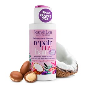 Jean & Len Shampoo Repair Kokosöl & Macadamia in Reisegröße, für geschädigtes & kraftloses Haar, beugt Feuchtigkeitsverlust vor, repariert die Haarstruktur, ohne Parabene & Silikone, vegan 50 ml