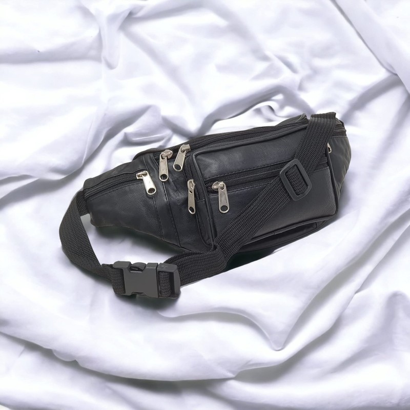 RAS Unisex Black Leather Large Travel Money Pouch Waist Bum