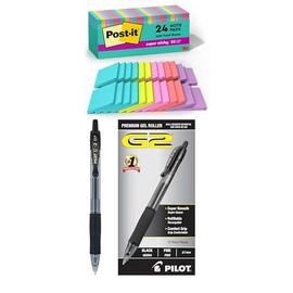 Super Sticky Note Pads, 3x3 in, 24 Pads, 2X Sticking Power with Pilot G2 Premium Gel Roller Pens, Fine Point 0.7 mm, Black, Pack of 12