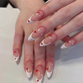 24Pcs Heart Press on Nails Almond Valentines Fake Nails Medium French Tip False Nails with Cute Hearts Designs Valentine Heart Nails Press ons Reusable Glossy Acrylic Nails for Women Girls