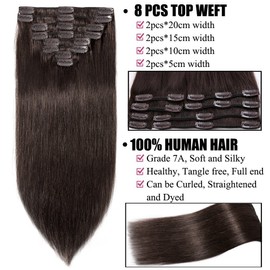 16 inch 90g Clip in Remy Human Hair Extensions Full Head 8 Pieces Set Long length Straight Very Soft Style Real Silky for Beauty #2 Dark Brown