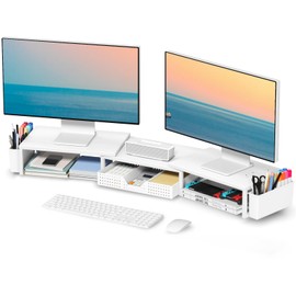 OPNICE White Dual Monitor Stand Riser, Metal Desk Organizers and Accessories with Drawer and 2 Pen Holders, Computer Monitor Stand for Desk