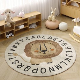 TEMBR Round Rug,Cute ABC Lion Large Non Slip Super Soft Plush Area Rug for Kids Room Playroom Nursery Bedroom, Educational Washable Circular Floor Mat for Home Room Decorative(31.5")