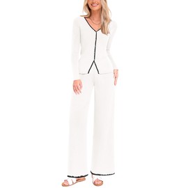 PRETTYGARDEN Women's 2 Piece Outfits 2024 Winter Knit Lounge Sets Long Sleeve Buttons Sweater Tops Wide Leg Pants Tracksuits (White,Large)