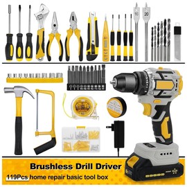 JEXUGK Cordless Drill Set, 18V Home Tool Set with Brushless Drill with Battery, 24+1 Keyless Metal Chuck Max torque 45Nm, Power Drill Kit for DIY Garden House Repair