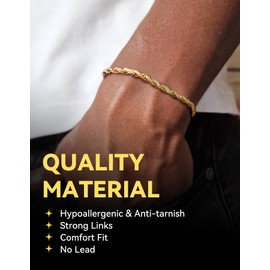 3MM 14K Gold Plated Twisted Rope Chain Bracelet for Men Women, Hip Hop Jewelry, 8.3 inch