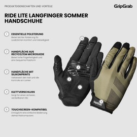 GripGrab Ride Lite MTB Gloves Summer Cycling Gloves Long Finger Mountain Bike Gravel Bike Cycling Gloves Padded
