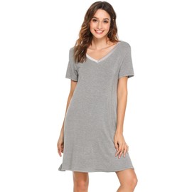 GYS Women's Bamboo Viscose Short Sleeve Nightgowns Soft Comfy V Neck Sleepshirts, Heather Grey, X-Large