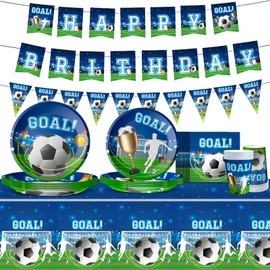 Soccer Birthday Party Decorations Includes Plates Napkins Banner Cups Tablecloth for Soccer Sports Theme Birthday Party Decorations, Serve 24