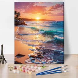 Paint by Number for Adults Beginner Beautiful Sunset on the Beach Oil Painting Kits for Adults Summer Landscape DIY Paint by Number Kits for Beginners Watercolor Canvas 16x20 Inch Without Frame