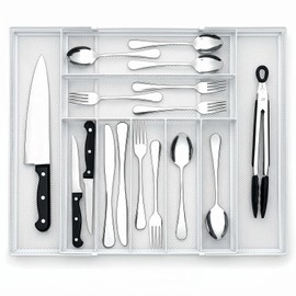 1 Pcs Utensil Drawer Silverware Organizer, Metal Mesh Expandable 13" 24" Kitchen Drawer Organizer, 7-9 Slots Cutlery Tray Dividers for Kitchen Flatware Christmas Housewarming Gift (White)