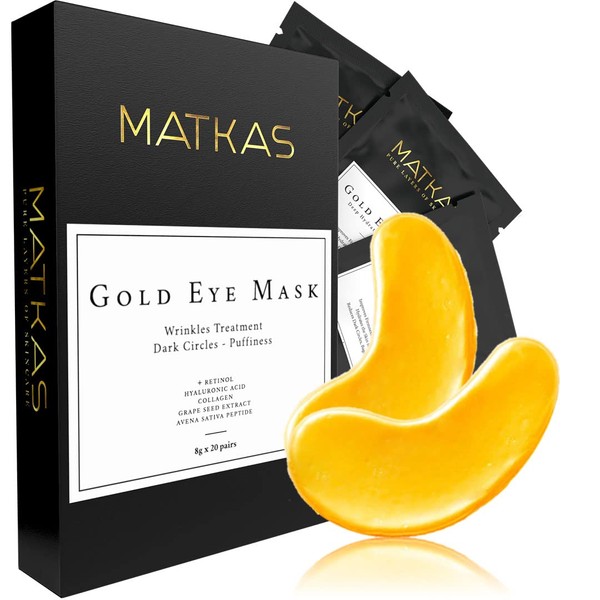 MATKAS Gold Under Eye Patches - 0.05% Pure Retinol + Hyaluronic Acid + Collagen for Dark Circles, Wrinkles, and Puffy Eyes, Under Eye Mask Puffiness Treatment for Women, Under Eye Gel Pads, Bag Patch