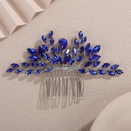 Teyglen Blue Teardrop Crystal Hair Comb Full Rhinestone Wedding Hair Comb for Bride Headpiece Hair Accessories for Women Dainty Crystal Hair Piece(Blue)