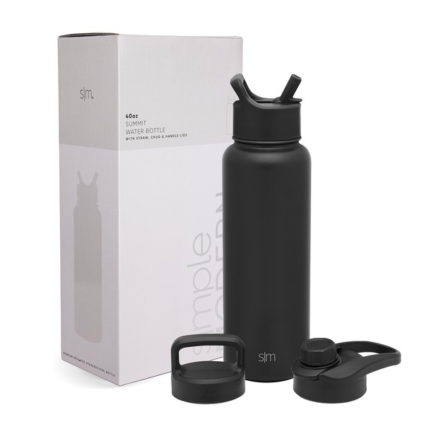 Simple Modern Water Bottle with Straw, Chug Lid and Handle | Insulated Stainless Steel Thermos for Sports Gym | Summit Collection | 40oz | Midnight Black