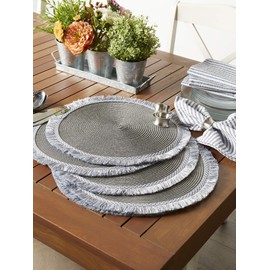 DII Woven Placemat Collection Round, 14.75" Diameter, Gray Fringe, 6 Piece
