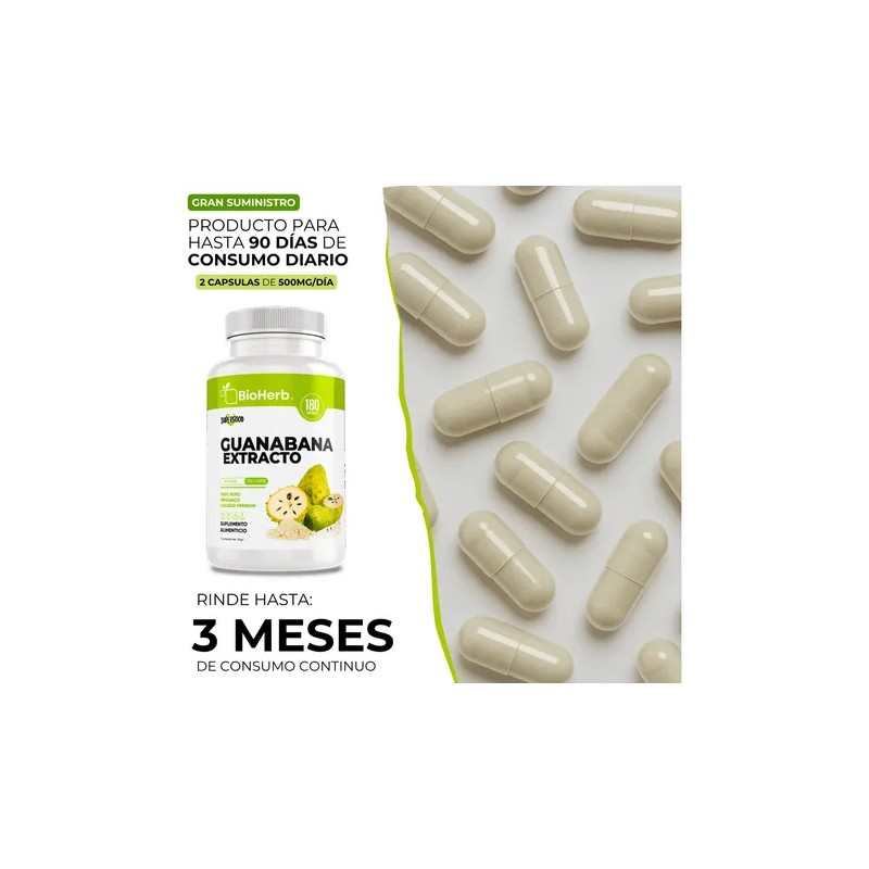 Guanábana Extracto 100% Puro Bioherb 180 Capsulas De 500mg
