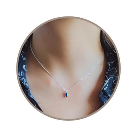 Simulated Sapphire Rectangle Charm Necklace, Elegant Jewelry, Blue Gemstone Necklace for Women, 925 Silver Pendant for Everyday Wear (Sapphire - Blue)