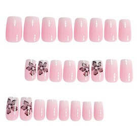Spring Summer Flower Press on Nails Medium Square Pink Gradient Fake Nails with Glue Glitter Acrylic Nails Full Cover Glossy False Nails for Women DIY Manicure Decoration 24PCS