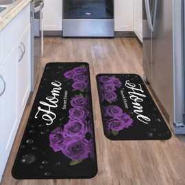 mnccshwuo Purple Floral Kitchen Mat Set of 2, Purple and Black Kitchen Rugs Non-Skid Washable Kitchen Mats for Kitchen Sink Floor, Farmhouse Rose Kitchen Decor and Accessories Floral Kitchen Rug
