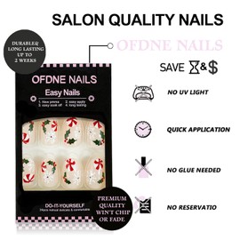 Christmas Press on Nails Short Oval OFDNE Nude Fake Nails False Nails with Designs Cane Candy Snowflake Glossy Glue on Nails Acrylic Nails Stick on Nails for Women Girls 24 Pcs