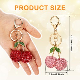 Quilax 2 Pcs Rhinestone Cherry Keychain, Cute Bag Charms Accessories for Women Girl, Sparkling Fruit Key Chain Purse Charms for Handbags(Pink Red)