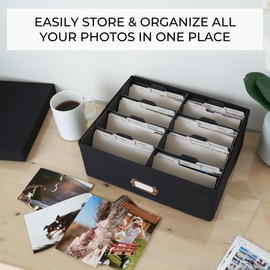ZICOTO Decorative Photo Storage Box - Sturdy Linen Photo Organizer with Dividers is Perfect to Store Up to 1700 Pictures and 4x6 Photos - Portable Scrapbook Storage Containers with Lid