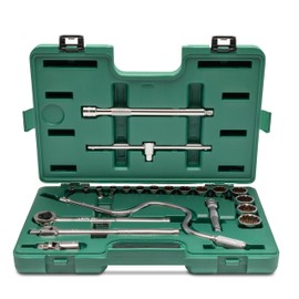 SATA 22-Piece Socket Set, SAE and 1/2-Inch Drive, with Ratchet, Extensions and Accessories in a Green Plastic Carrying Case - ST09088SJ