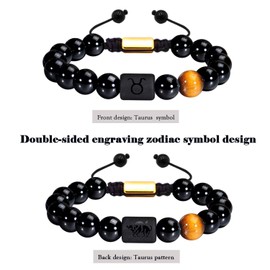 VLINRAS Zodiac Gemini Bracelet for Men Women Gemini Gifts Natural Black Onyx Stone Zodiac Charm Bracelet Constellation Horoscope Jewelry