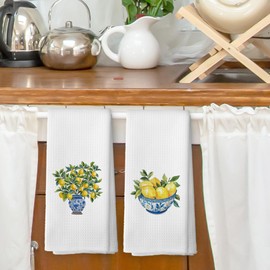 XPH Chinoiserie Kitchen Dish Towels Set of 2, Lemon Tree Fruit Summer Decor Accessories for Kitchen Home, Vintage Blue and White Porcelain Hand Towels Kitchen Tea Towels Decorations, 16x24inch