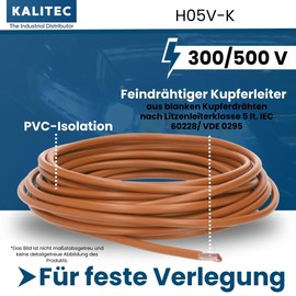 Kalitec 10 Metres H05V-K 0.5 mm² Brown I Cable 0.5 mm² as Wiring Cable I Flexible Core Cable PVC Single Core I Stranded I Switch Wire