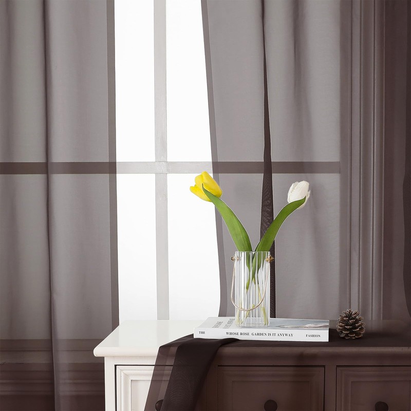 Lecloud Sheer Curtains 45 Inch Length 2 Panels Set, Chocolate