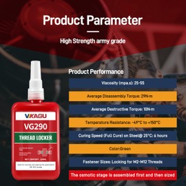 VIKAGU 290 Thread Lock,Green High-Medium Strength Threadlocker,Anaerobic Curing Screw Glue for Nuts, Bolts, Fasteners Screw Compound to Prevent Loosening & Corrosion 8.45Oz/250 ml