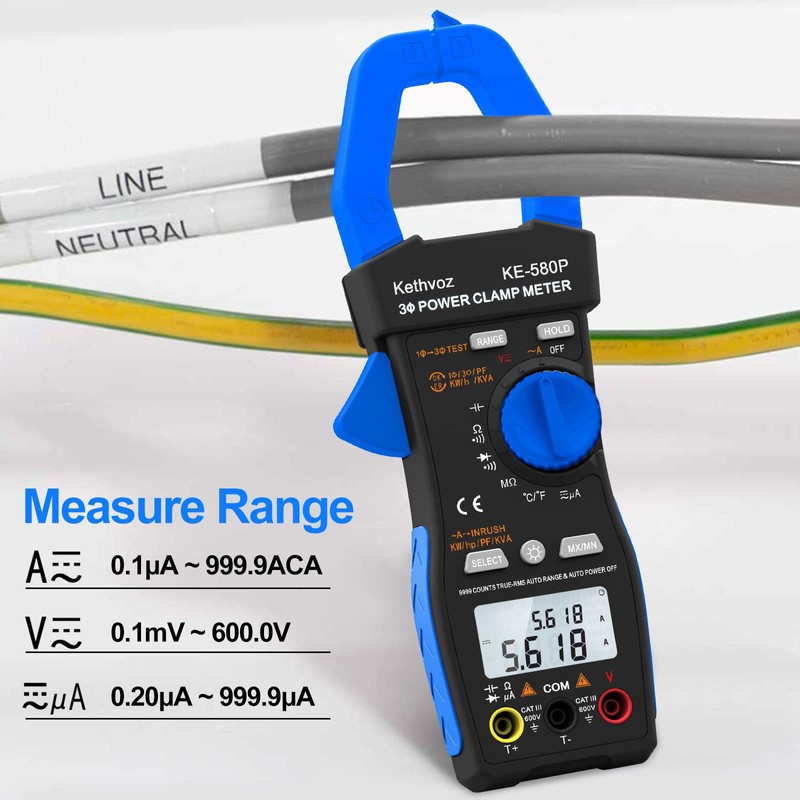 Polimetro Digital Pinza Amperimétrica Trifásica, Kethvoz 1000A Multímetros 9999 Conteo